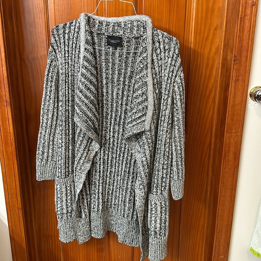 Thakoon Design Nation Long Sweater Cardigan Womens Large Black Gray Pockets Open